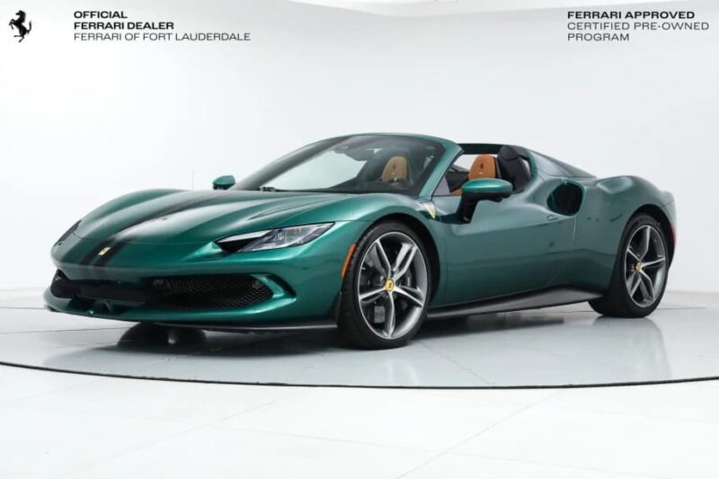A green Ferrari convertible, one of the best green supercars, is displayed in a white studio with dealership and certification logos in the top corners.