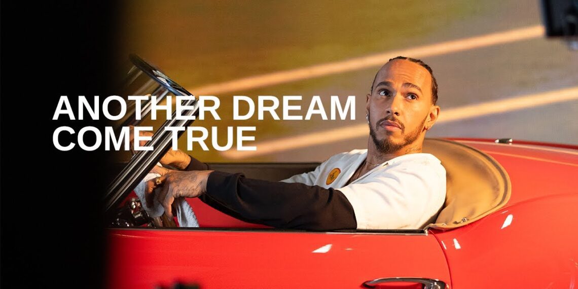 Person sitting in a red car, looking upward. Large text reads: "Another Dream Come True." It's like their own Ferris Bueller's Day Off moment or channeling Lewis Hamilton on the track.