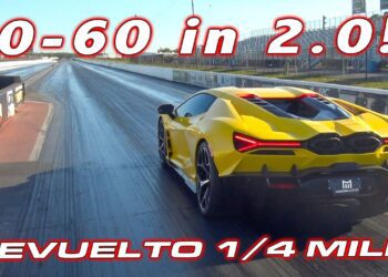 Yellow Lamborghini Revuelto on a drag strip with "0-60 Times: 2.0!" text above and "1/4-Mile Record" below.