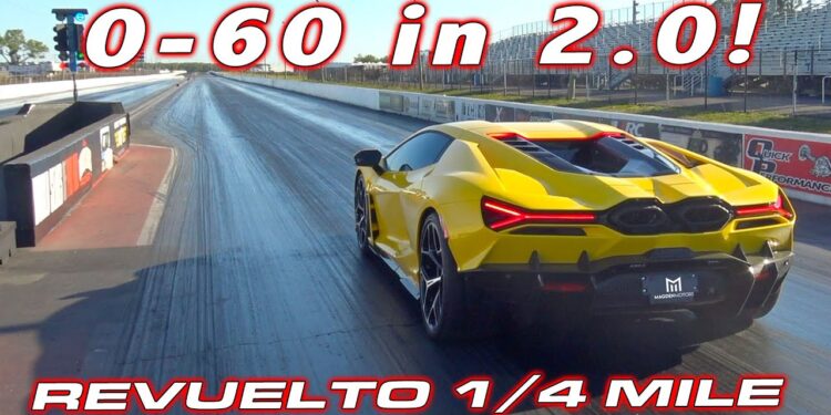 Yellow Lamborghini Revuelto on a drag strip with "0-60 Times: 2.0!" text above and "1/4-Mile Record" below.