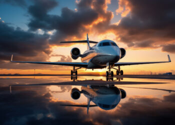 A jet plane, a hallmark of Paramount Business Jets, is parked on a reflective surface at sunset, with dramatic clouds painting the sky.
