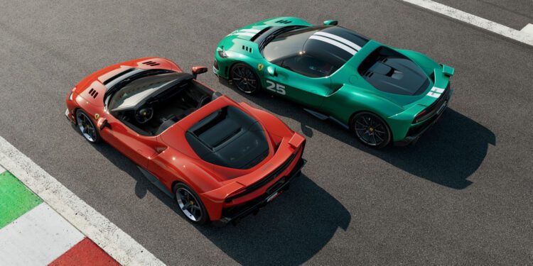 Two sports cars, including a Ferrari 296 Speciale with racing stripes and the number 25, are parked side by side on a racetrack, ready for the Ferrari unveiling.