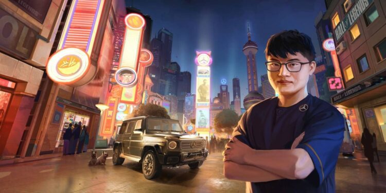 An animated man with glasses stands with arms crossed on a neon-lit city street at night, exuding luxury; a black Mercedes SUV is parked nearby.