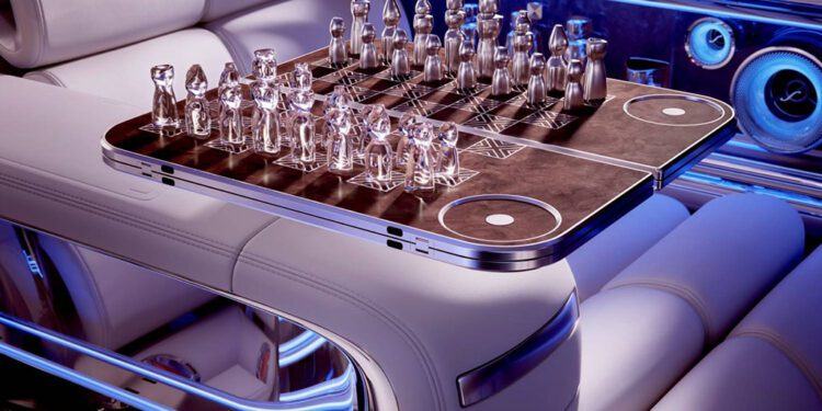 A luxury car interior features a modern chess set with transparent pieces on a sleek board resting on a leather armrest, illuminated by ambient blue lighting.