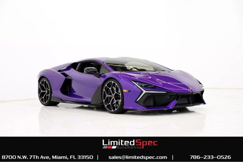 A purple Lamborghini Revuelto sports car is displayed in a white studio setting. The Limited Spec Automotive logo, contact information, and supercars for sale details are shown at the bottom of the image.