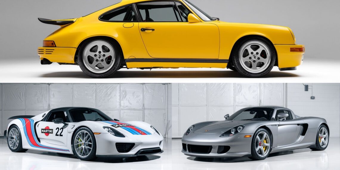 Side view of a yellow classic Porsche coupe above two modern Porsche sports cars, one with racing decals and the other in silver, parked indoors.