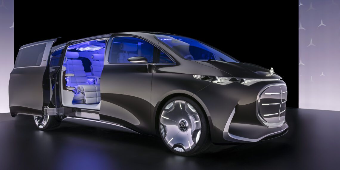 A futuristic black Mercedes-Benz Sprinter Van concept with sliding door open reveals an ultra-luxury, illuminated interior featuring white seats and blue ambient lighting.