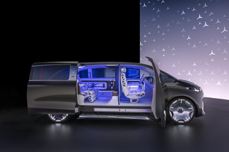 Ultra-luxury Mercedes-Benz Sprinter Van with sliding doors open, revealing a high-tech interior bathed in blue lighting, showcased against a modern backdrop with stylized patterns.