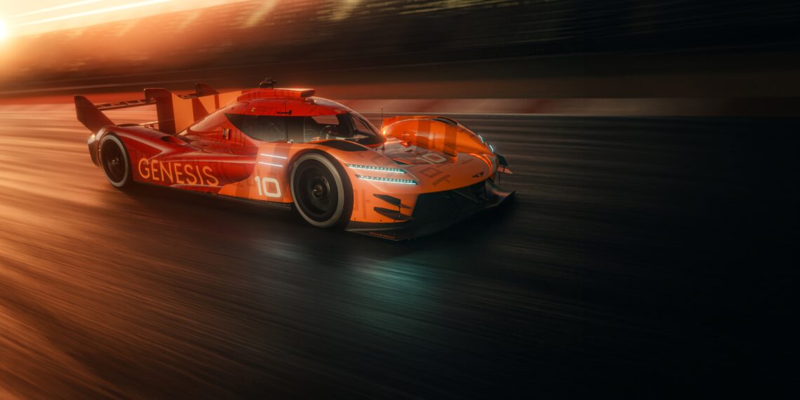 A bright orange Genesis GMR-001 Hypercar with the number 10 races at high speed on a racetrack, its sleek design highlighted by blurred lights—a true showstopper reminiscent of the New York International Auto Show.