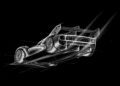 White line art sketch of the Genesis GMR-001 Hypercar viewed from the rear three-quarters on a black background, highlighting aerodynamic features and motion lines—perfect for showcasing at the New York International Auto Show.