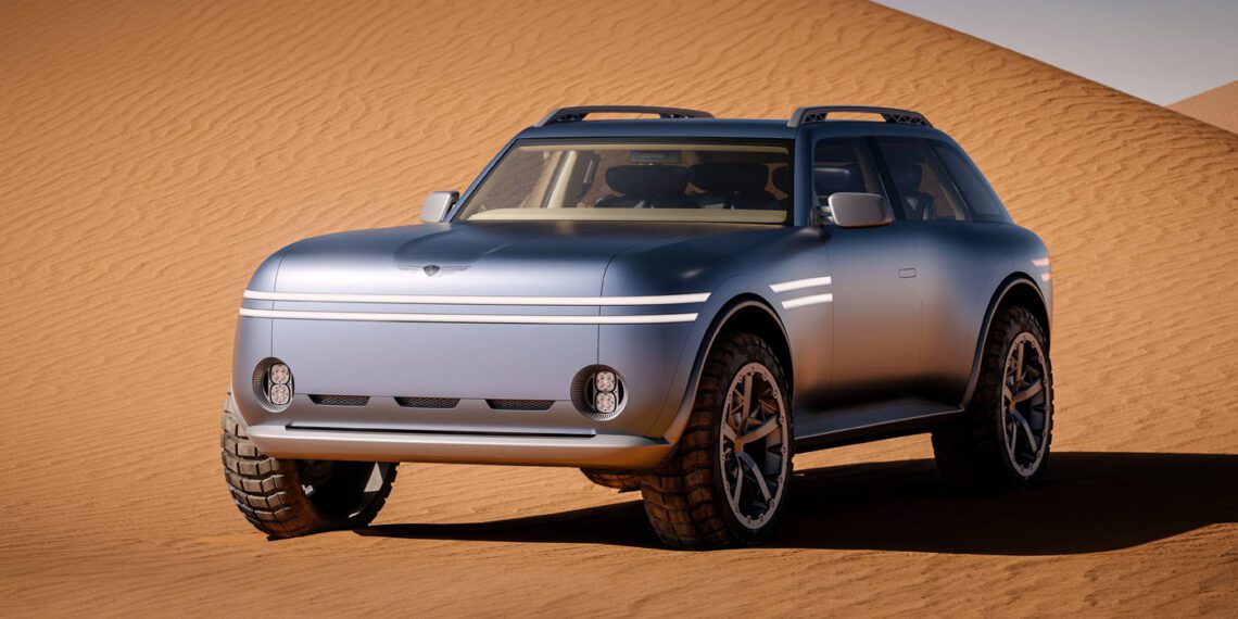 A matte silver SUV with round headlights and off-road tires is parked on sand with a dune in the background.