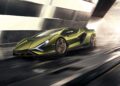 A sleek green sports car, reminiscent of a Lamborghini, speeds through a futuristic tunnel with reflective panels and a setting sun in the background.