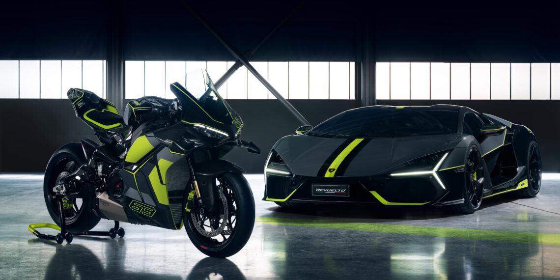A sleek, limited-edition sports motorcycle and a luxury car in black with neon green accents are displayed indoors under soft lighting, against a backdrop of large windows.