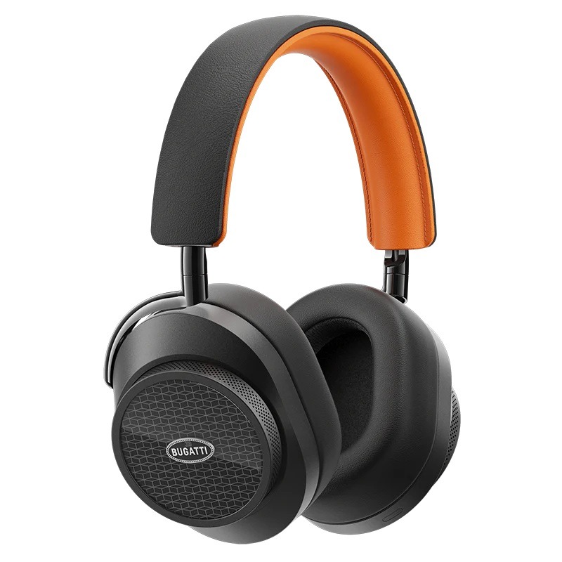 Black over-ear headphones with cushioned ear cups, an orange inner headband, and a Bugatti logo on the outer side of each ear cup—perfect luxury accessories to upgrade your style.