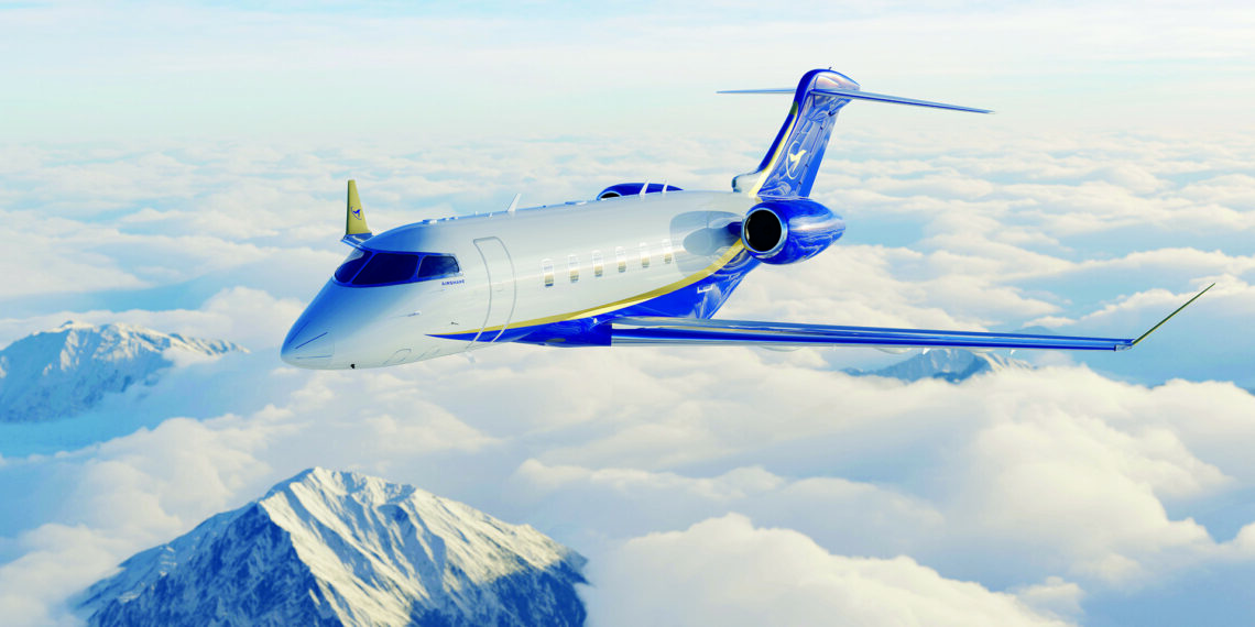 A blue and white private jet, representing the pinnacle of private aviation provided by Airshare, soars over cloud-covered snowy mountains under a clear sky.