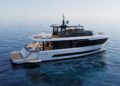A modern, white Arcadia Yachts A80new luxury yacht with multiple decks floats on calm blue water under a clear sky, showcasing sustainability and contemporary design.