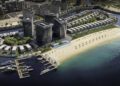 Aerial view of a modern beachfront resort in Abu Dhabi featuring high-rise buildings, luxury real estate villas, a sandy beach, and a marina with docked yachts—perfect for the exclusive lifestyle of BRABUS Island.
