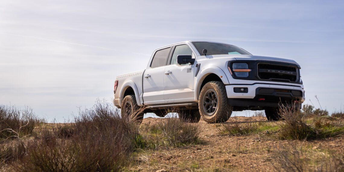 A white pickup truck parked on a dirt road, surrounded by dry grass and bushes under a clear sky.