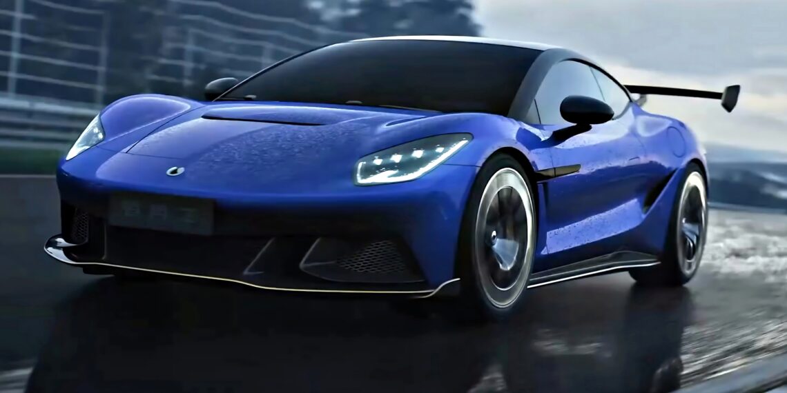 A blue Denza Z sportscar with 952 HP and headlights on drives on a wet racetrack, its reflection shimmering on the damp surface, surrounded by blurred fencing and trees.