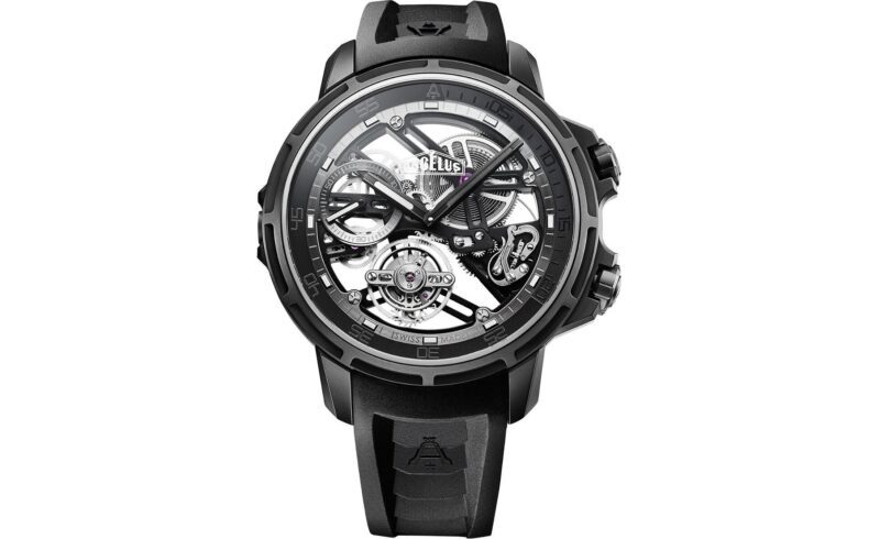 A black Angelus wristwatch with an open skeleton dial reveals its intricate inner mechanical components and a black rubber strap—an exceptional choice for enthusiasts of the best luxury watches.