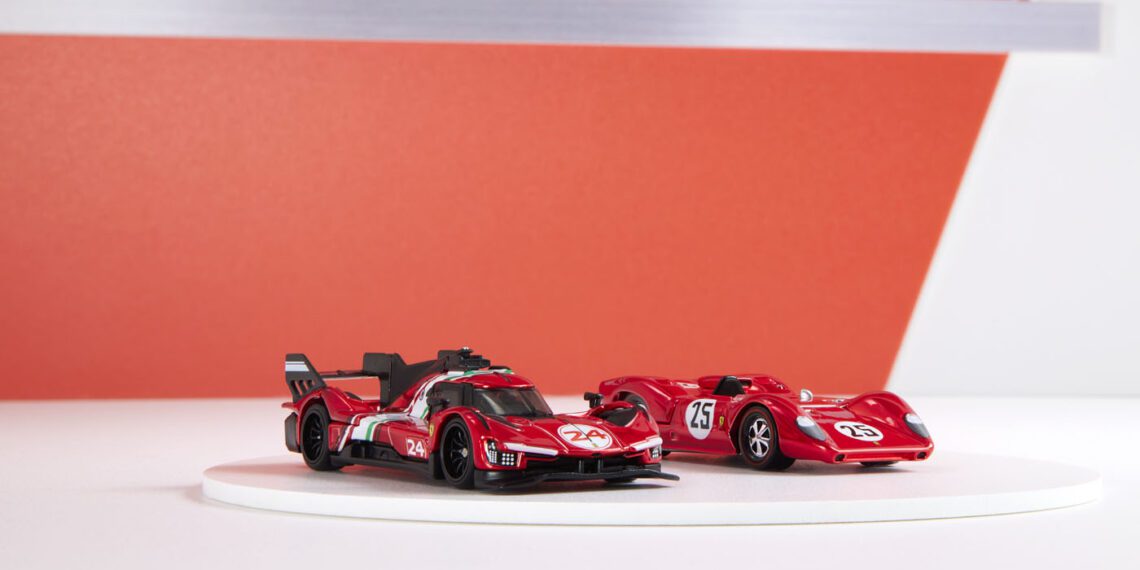 Two red toy race cars on a white circular platform, set against a red and white geometric background.
