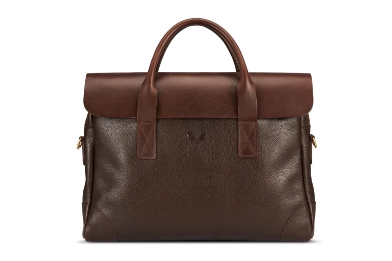 A structured brown leather briefcase with top handles, a fold-over flap, and subtle embossed logo, perfect for a style upgrade in luxury accessories, placed against a plain white background.
