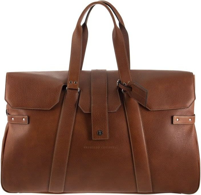 A large brown leather travel bag with two top handles, front flap closure, and buckle strap detailing—a style upgrade among luxury accessories.