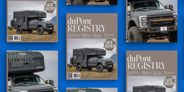 Several copies of the duPont REGISTRY magazine, including No. 480 from May 2025, showcase an off-road vehicle with a camper on the cover, all set against a striking blue background.