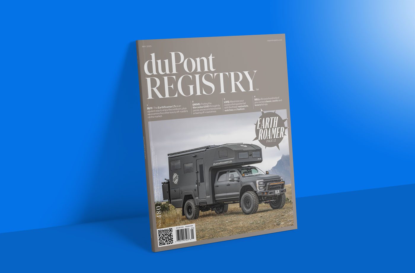 Cover of duPont REGISTRY magazine No. 480, May 2025 edition, featuring the Earth Roamer XV-LTi vehicle on a sleek blue background.