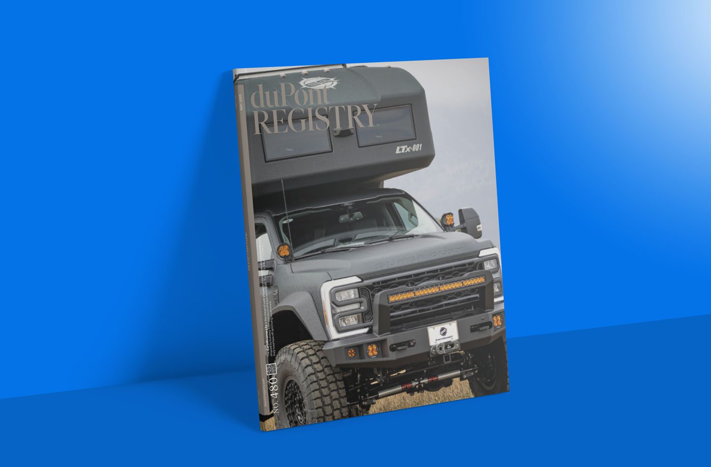 Magazine cover for May 2025 features a sleek black off-road vehicle with a camper shell against a blue background. Text reads "duPont REGISTRY" and "No. 480," highlighting this coveted edition.