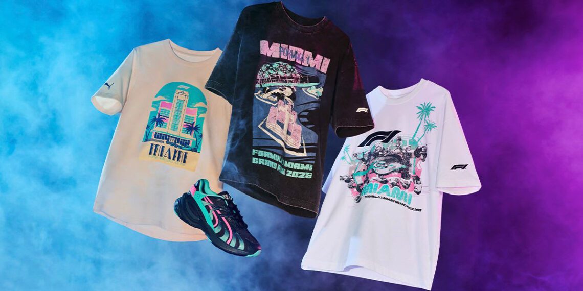 Three Miami Grand Prix Collection graphic T-shirts and PUMA Motorsport black sneakers with colorful accents are displayed against a blue and purple smoky background, capturing the spirit of Formula 1 in Miami.