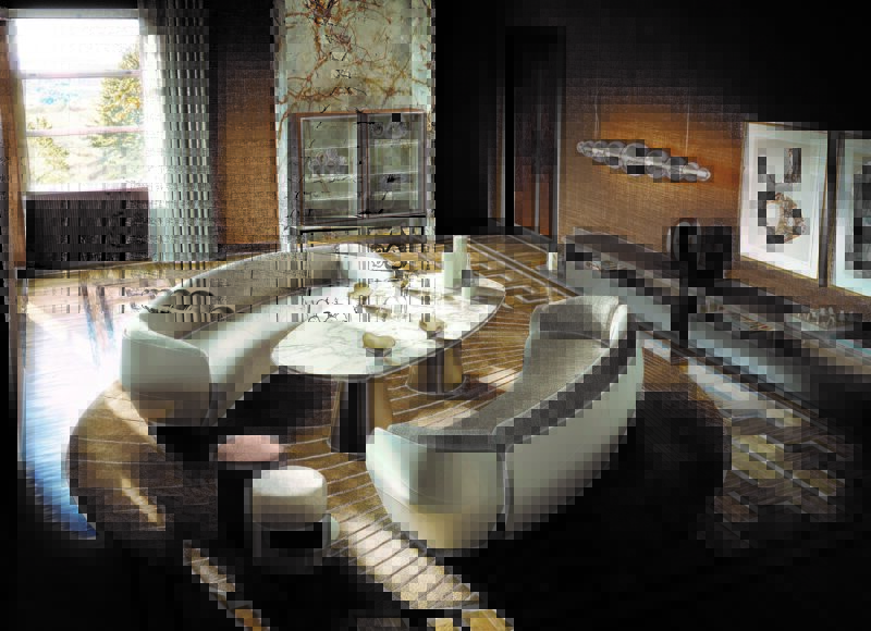 Luxurious living room with two curved Giorgetti sofas around an oval marble table, abstract art on walls, and modern decor reminiscent of Milan Design Week. Large window with curtains on the left.