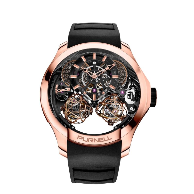 A luxury wristwatch with a rose gold case, black rubber strap, and exposed mechanical components, showcasing intricate gears and tourbillons—an exquisite example among the best luxury watches.