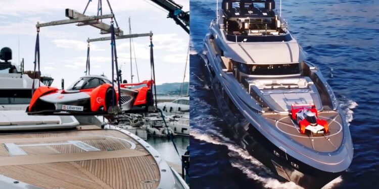 A red sports car is lifted onto a yacht by crane on the left; on the right, the yacht sails with the car secured on its deck—a striking snapshot from recent luxury lifestyle news.