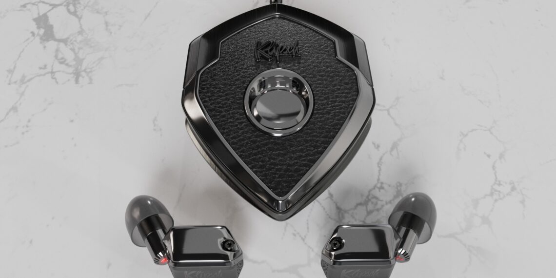 A pair of black wireless earbuds and a matching shield-shaped charging case with a leather-like texture, displayed on a white marble surface—a true style upgrade for those seeking luxury accessories.