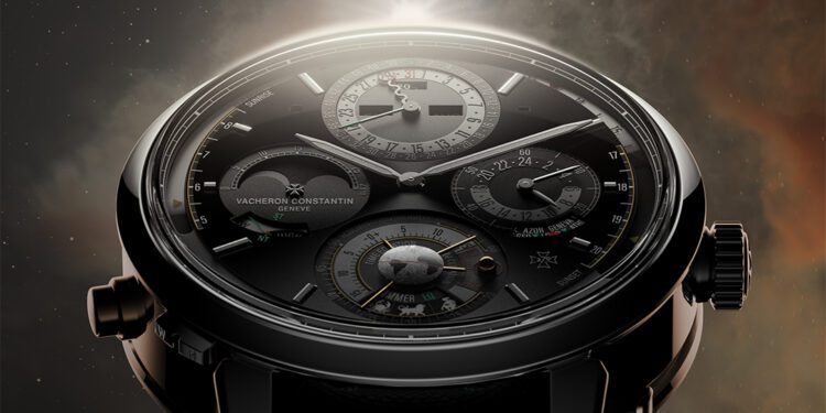 A luxury wristwatch with multiple subdials and a textured black strap, showcased amidst a space-themed background and glowing light above the watch face, is the star of Watches & Wonders 2025.