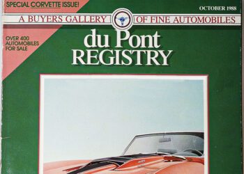 The duPont REGISTRY magazine cover showcases a stunning red convertible under the banner of "Special Corvette Issue" with over 400 automobiles for sale. Celebrating its 40th Anniversary, this October 1988 issue highlights an era of iconic cover cars.