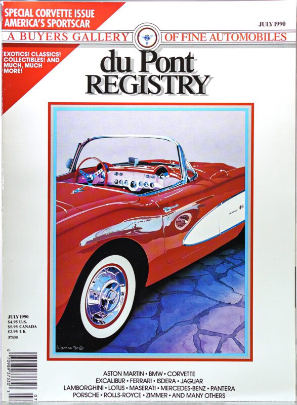 Cover of the duPont REGISTRY magazine, July 1990, featuring a color illustration of a classic red Corvette convertible and text highlighting exotic and classic cars—celebrating Cover Cars for the iconic 40th Anniversary.
