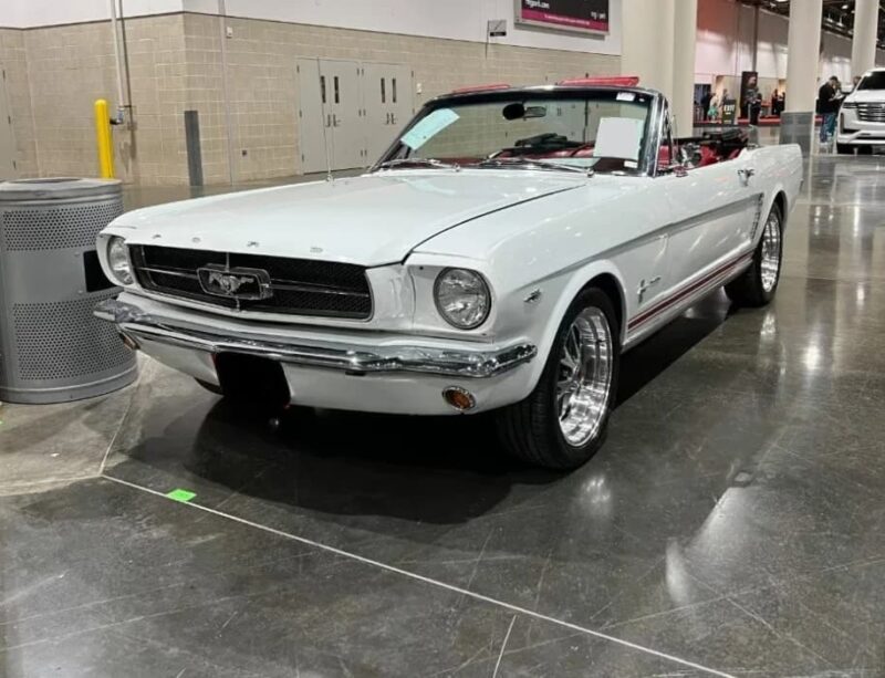 For sale: Ford Mustang, convertible white convertible, displayed inside on a shiny concrete floor. This classic muscle car features a high -performance engine, red interior, and an elegant black license plate.