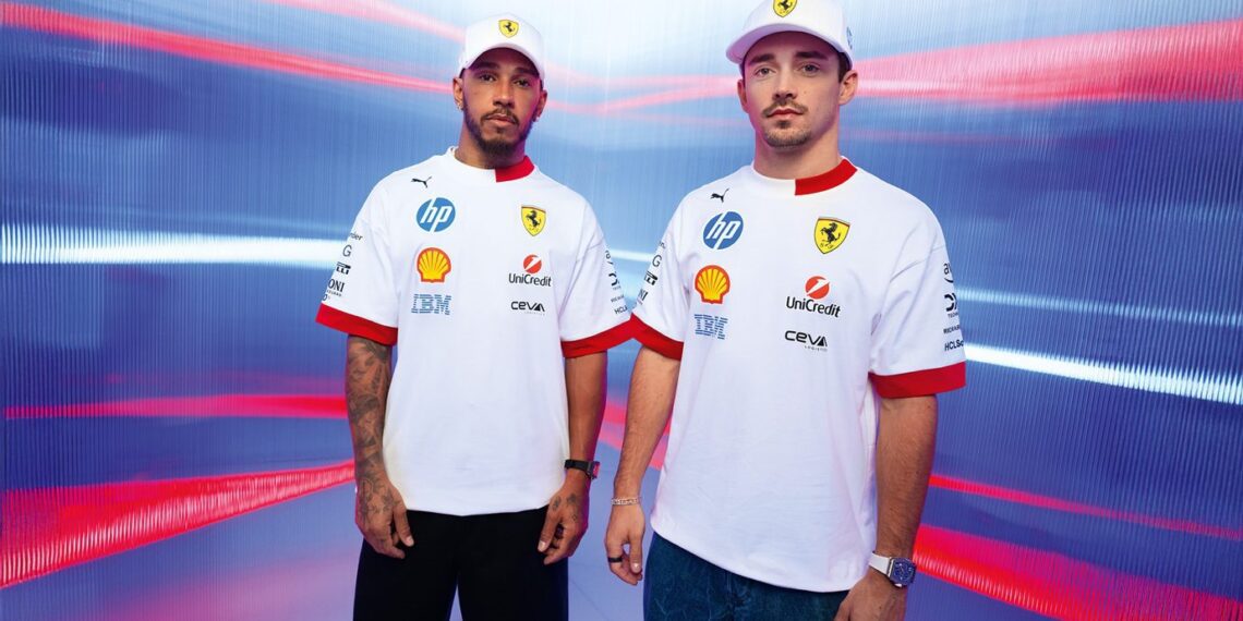 Two men wearing white Scuderia Ferrari team shirts and caps stand side by side against a futuristic, red and blue striped background, showcasing exclusive Miami Limited Edition PUMA apparel.