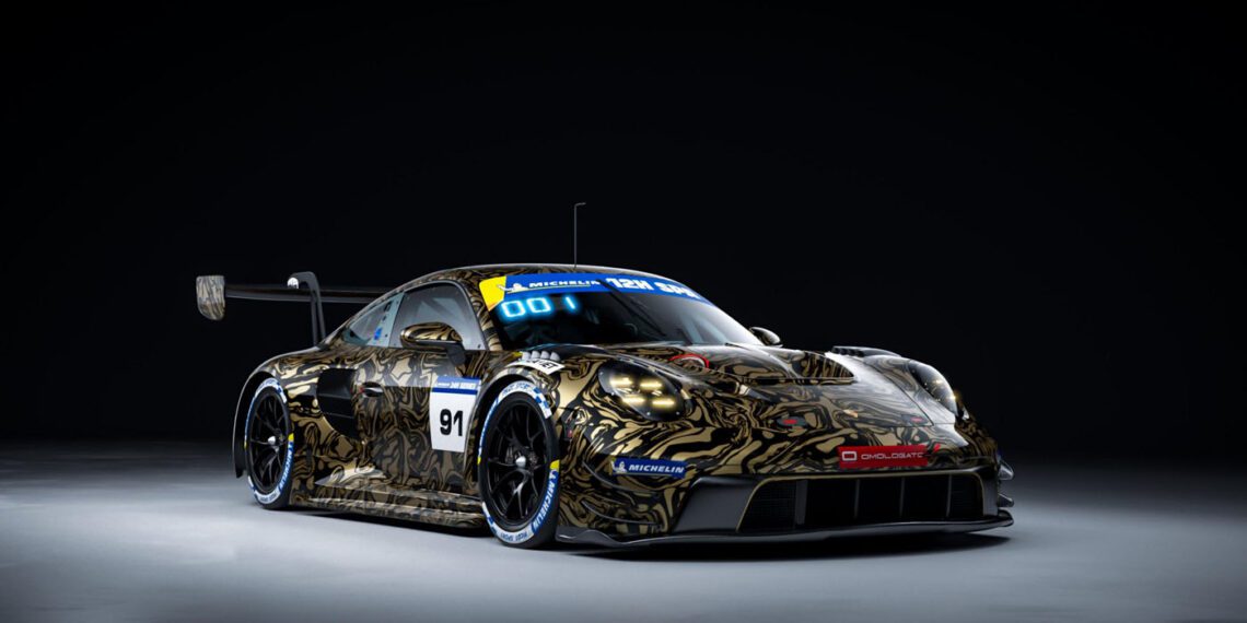 A race car featuring a black and gold camouflage design stands out at the Spa Race, flaunting a prominent rear wing and a blue windshield banner with "00." The front proudly displays the number "91," embodying the spirit of the 911 GT3 R.