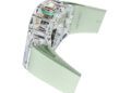 A transparent luxury wristwatch from the Richard Mille Sapphire Collection with exposed mechanisms and a mint green rubber strap, displayed on a white background.