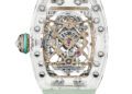A transparent Richard Mille RM 75-01 from the Sapphire Collection features a mint green strap, showcasing its intricate skeletonized movement and visible mechanical components.
