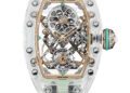 A Richard Mille RM 75-01 from the Sapphire Collection featuring a transparent case, exposed mechanical gears, and a mint green strap.