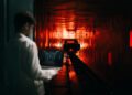 A person holding a laptop stands in the foreground as a Maserati GranTurismo frame is illuminated by red lights inside an industrial testing tunnel in Modena.