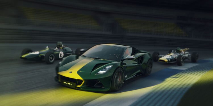A modern green and yellow Lotus Emira Jim Clark Edition sports car races on a track alongside two vintage race cars, all moving at high speed with blurred backgrounds.