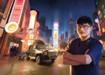 A man with glasses stands with arms crossed on a brightly lit city street at night, a Custom Electric G-Wagon Mercedes SUV and neon signs in the background, evoking the style of League Of Legends Uzi.