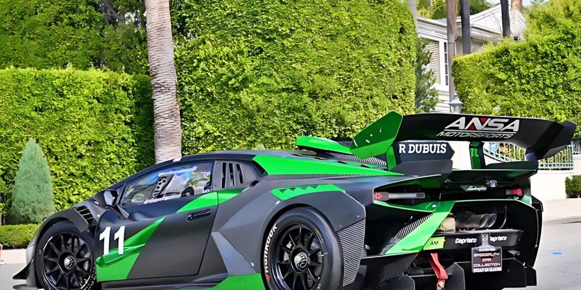 A green and black race car with number 11 and a large rear wing is parked on a street in front of manicured bushes and palm trees—an eye-catching contender among the best supercars under $200k.