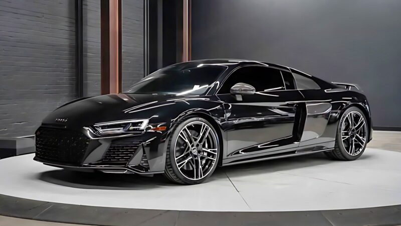 A black sports car with tinted windows is parked indoors on a circular platform in a modern showroom—For Sale: Best Supercars Under $200k.