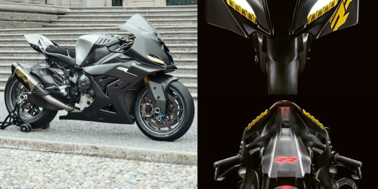 A sleek, black Carbon-Clad Concept BMW Motorrad sports motorcycle is shown from the side, front, and rear angles, parked outdoors on a stone surface near steps, showcasing the next-generation of RR design.